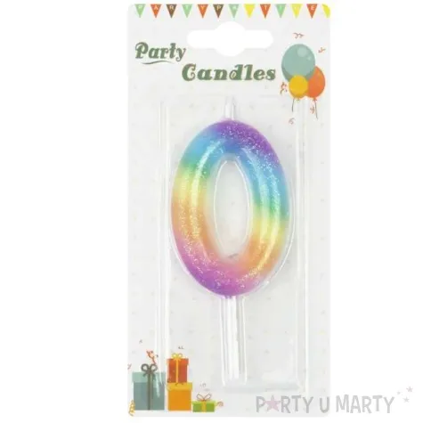 swieczka cyfra 0 z brokatem teczowa partypal 6 cm