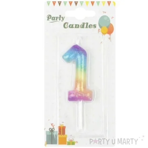 swieczka cyfra 1 z brokatem teczowa partypal 6 cm