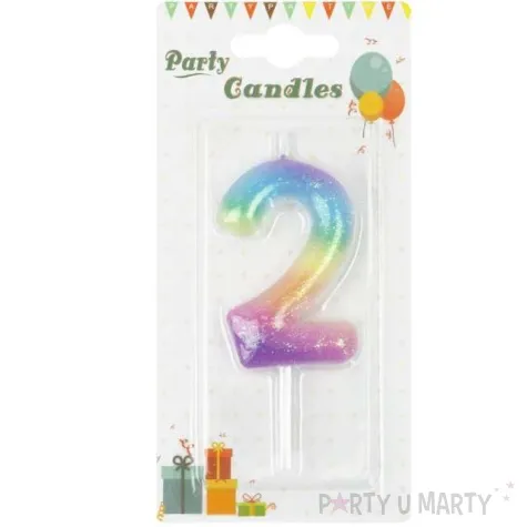 swieczka cyfra 2 brokatowa teczowa partypal 6 cm