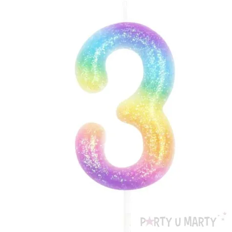 swieczka cyfra 3 brokatowa teczowa partypal 6 cm