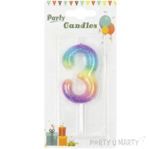 swieczka cyfra 3 brokatowa teczowa partypal 6 cm
