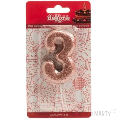 swieczka cyfra 3 glitter dekora rozowe zloto 15 cm