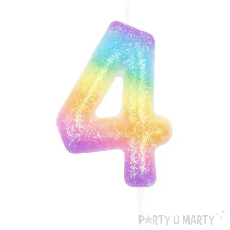 swieczka cyfra 4 z brokatem teczowa partypal 6 cm