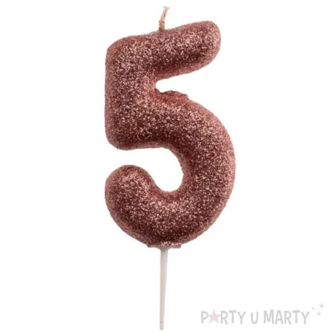 swieczka cyfra 5 glitter dekora rozowe zloto 15 cm