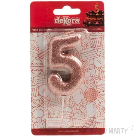 swieczka cyfra 5 glitter dekora rozowe zloto 15 cm