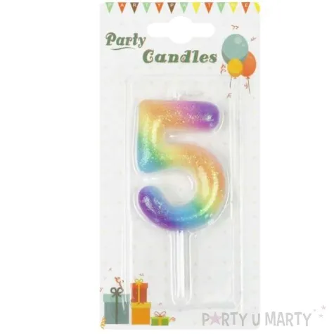 swieczka cyfra 5 z brokatem teczowa partypal 6 cm