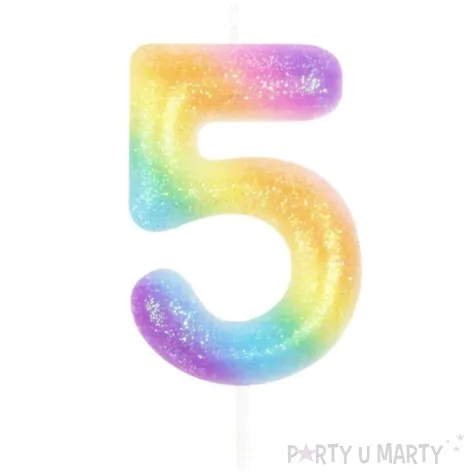 swieczka cyfra 5 z brokatem teczowa partypal 6 cm