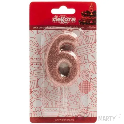 swieczka cyfra 6 glitter dekora rozowe zloto 15 cm