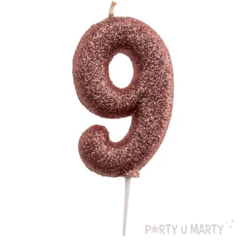 swieczka cyfra 9 glitter dekora rozowe zloto 15 cm