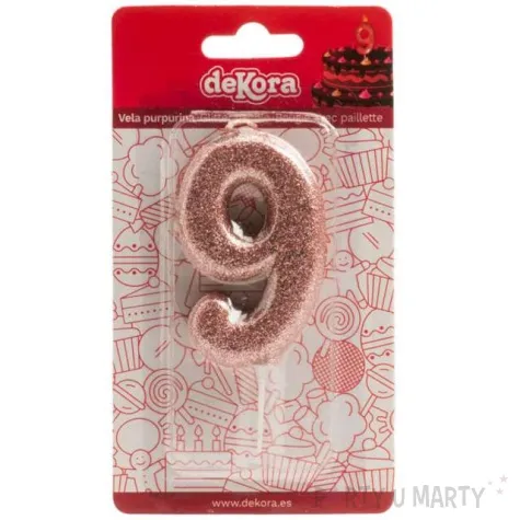 swieczka cyfra 9 glitter dekora rozowe zloto 15 cm