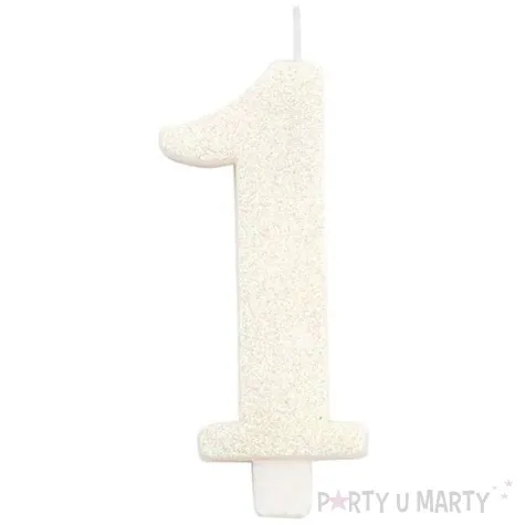 swieczka na tort 1 givi italia biala z brokatem 9 5 cm