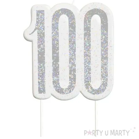 swieczka na tort 100 urodziny glitz srebrna brokatowa unique 10 cm