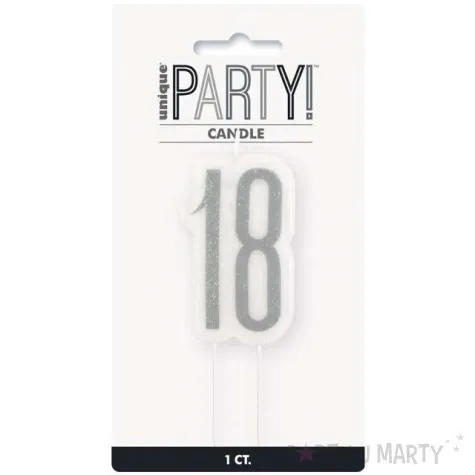 swieczka na tort 18 urodziny glitz srebrna brokatowa unique 10 cm