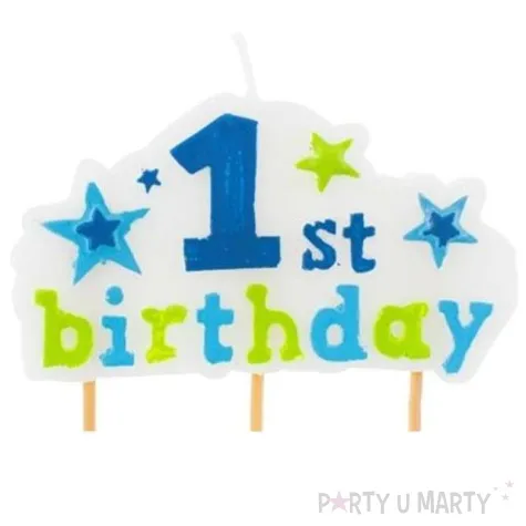 swieczka na tort 1st birthday niebieska 8 cm