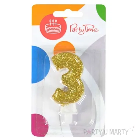 swieczka na tort 3 zlota z brokatem arpex 7 5 cm