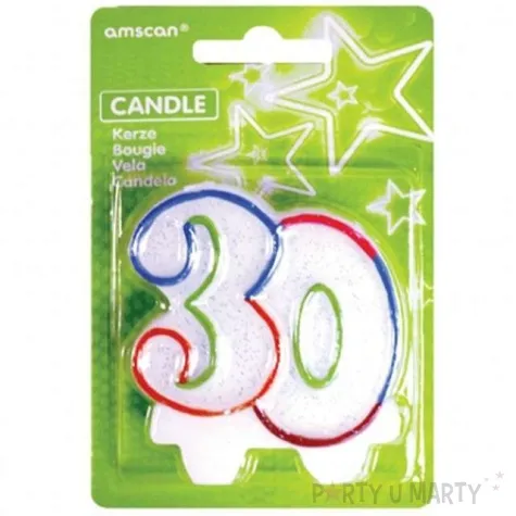 swieczka na tort 30 amscan teczowa z brokatem 8 cm