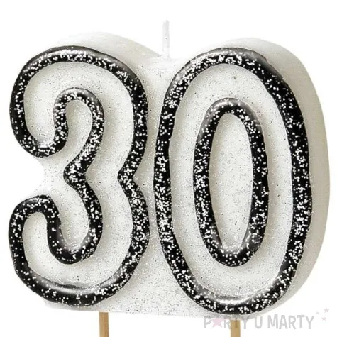 swieczka na tort 30 unique biala brokatowa 6 cm