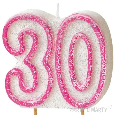 swieczka na tort 30 unique rozowa brokatowa 6 cm