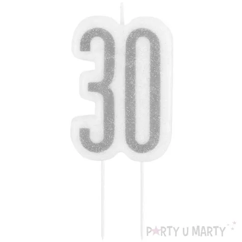 swieczka na tort 30 urodziny glitz srebrna brokatowa unique 10 cm