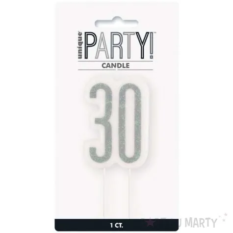 swieczka na tort 30 urodziny glitz srebrna brokatowa unique 10 cm