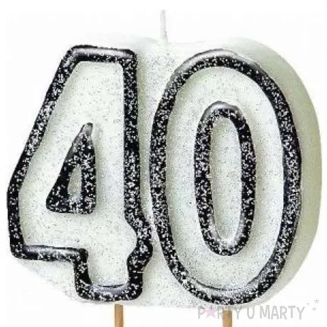 swieczka na tort 40 unique biala brokatowa 6 cm