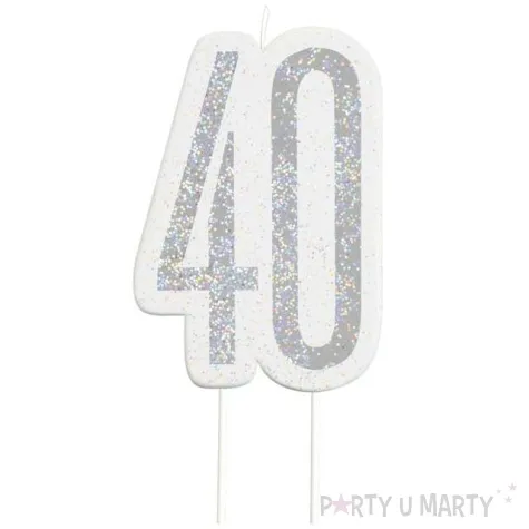 swieczka na tort 40 urodziny glitz srebrna brokatowa unique 10 cm
