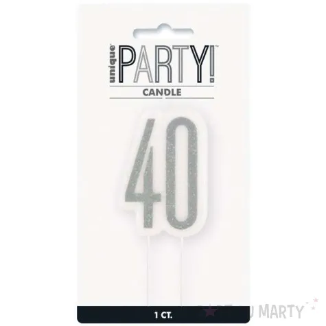 swieczka na tort 40 urodziny glitz srebrna brokatowa unique 10 cm