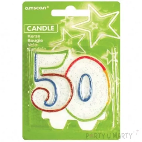 swieczka na tort 50 amscan teczowa z brokatem 8 cm