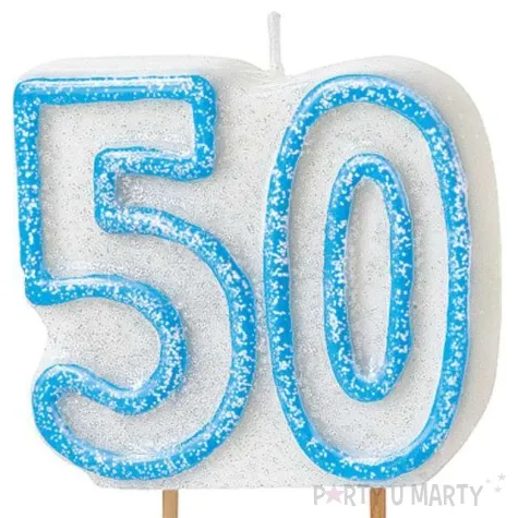 swieczka na tort 50 unique niebieska brokatowa 6 cm