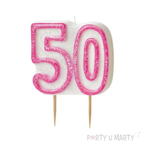 swieczka na tort 50 unique rozowa brokatowa 6 cm