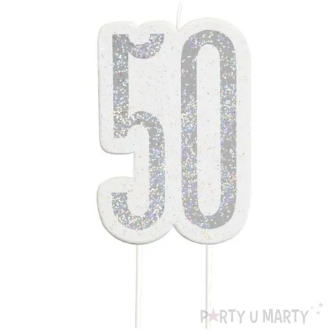 swieczka na tort 50 urodziny glitz srebrna brokatowa unique 10 cm