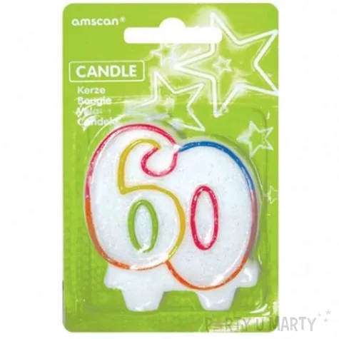 swieczka na tort 60 amscan teczowa z brokatem 8 cm