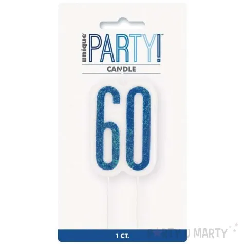 swieczka na tort 60 urodziny glitz niebieska brokatowa unique 10 cm