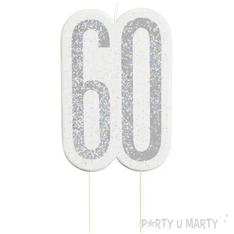 swieczka na tort 60 urodziny glitz srebrna brokatowa unique 10 cm