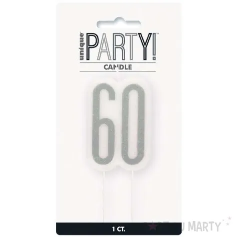 swieczka na tort 60 urodziny glitz srebrna brokatowa unique 10 cm