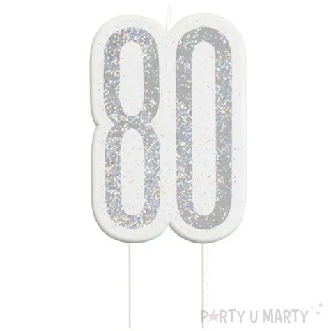 swieczka na tort 80 urodziny glitz srebrna brokatowa unique 10 cm