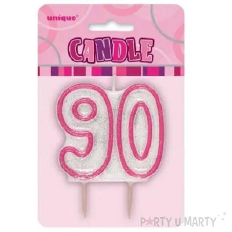 swieczka na tort 90 unique rozowa brokatowa 6 cm