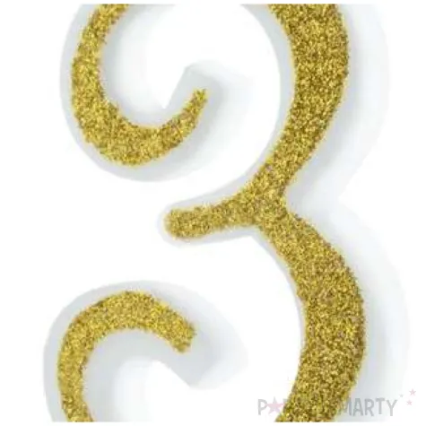 swieczka na tort cyferka 3 brokatowa zlota partypal