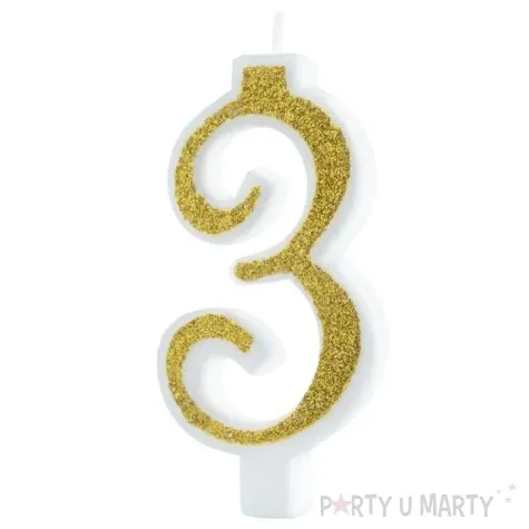 swieczka na tort cyferka 3 brokatowa zlota partypal