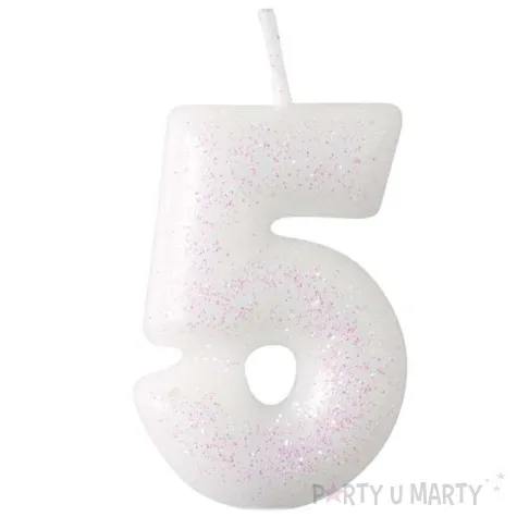 swieczka na tort cyferka 5 rozowy brokat biala amscan 6 5 cm
