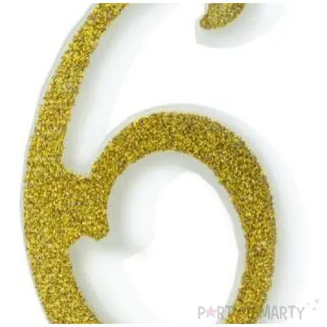 swieczka na tort cyferka 6 brokatowa zlota partypal
