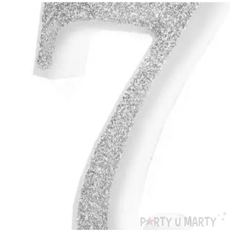 swieczka na tort cyferka 7 brokatowa srebrna partypal