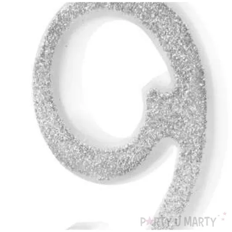 swieczka na tort cyferka 9 brokatowa srebrna partypal