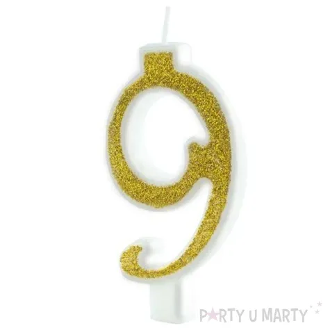 swieczka na tort cyferka 9 brokatowa zlota partypal