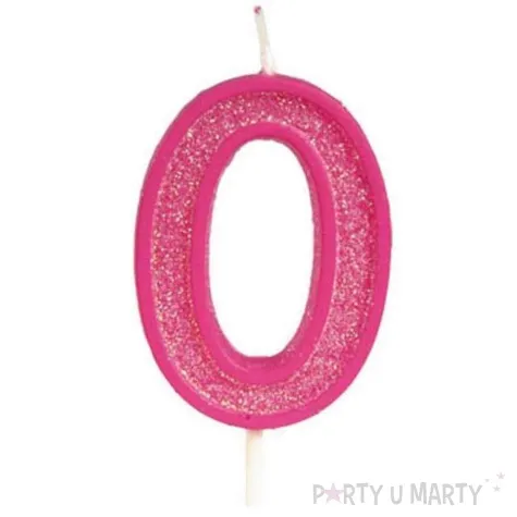 swieczka na tort cyfra 0 brokat rozowa guirca 4 cm