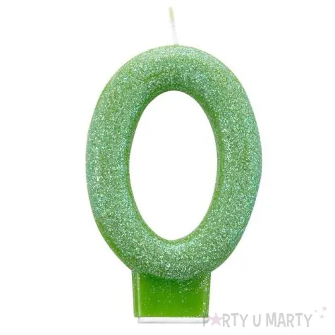 swieczka na tort cyfra 0 brokatowa zielona amscan
