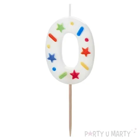 swieczka na tort cyfra 0 konfetti bialy partydeco 10 cm