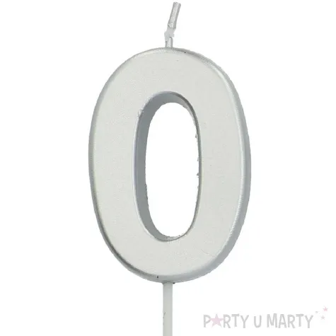 swieczka na tort cyfra 0 srebrna folat 8 cm
