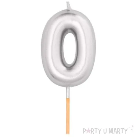 swieczka na tort cyfra 0 srebrny metalik givi 8 cm