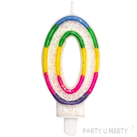 swieczka na tort cyfra 0 teczowa brokatowa kraszek 7 cm